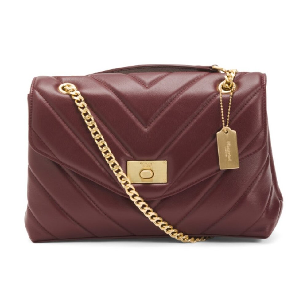Viral MONCRIEF LONDON Cathryn Bordeaux Leather Flap Over Quilted Tote NWT